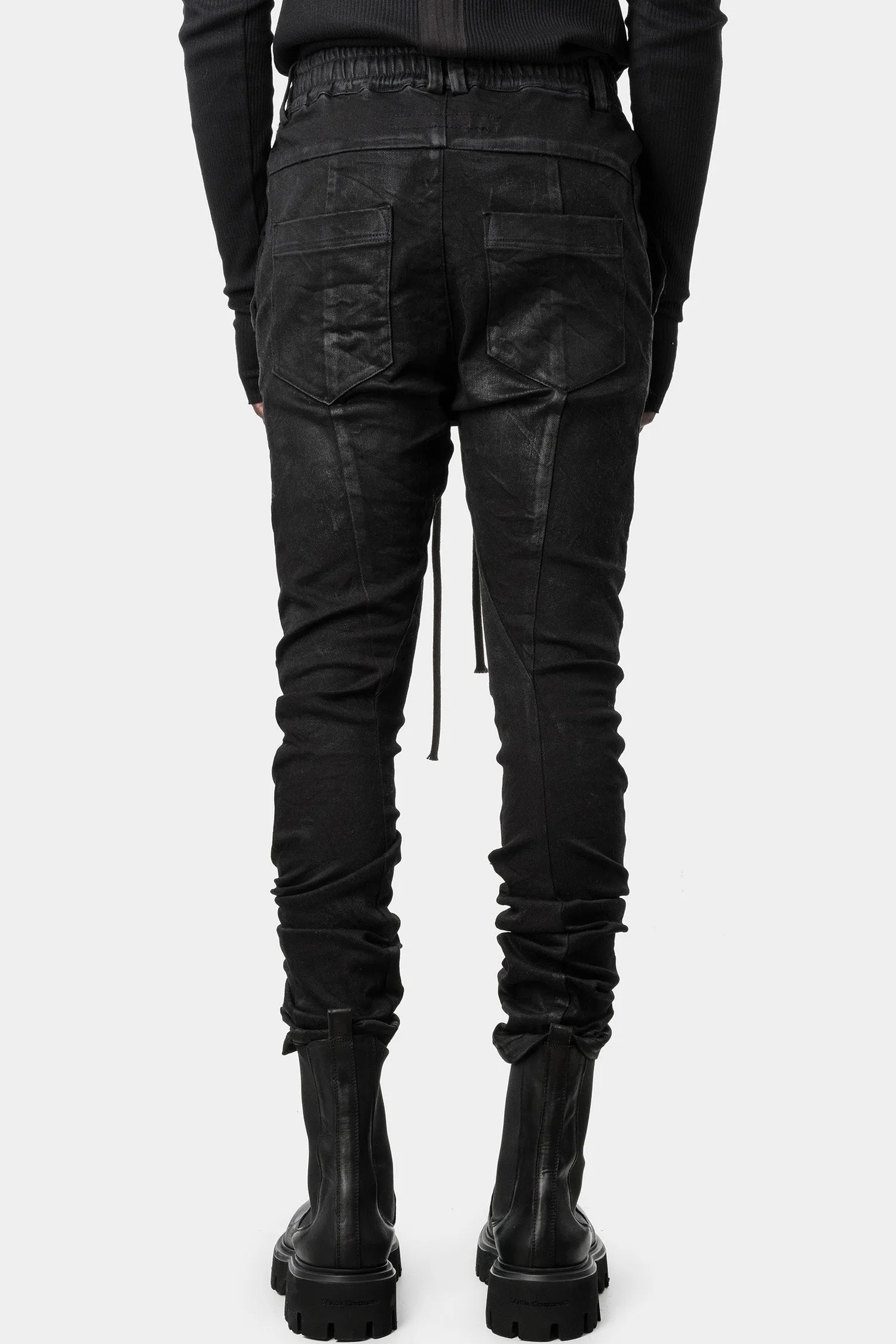 Coated anatomical fitted drawstring stretch pants