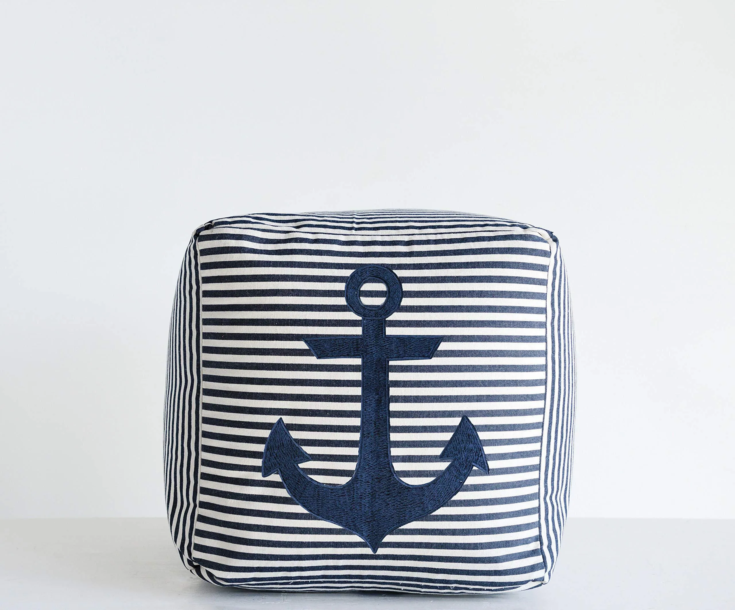 Creative Co-op Cotton Navy Stripes & Embroidered Anchor Pouf, Blue