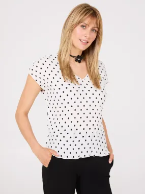 Dot Print V-Neck Pleated Top