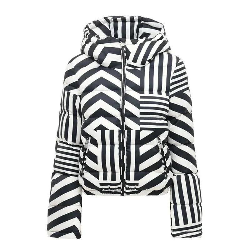 Down Jacket Winter Black And White Stripes Coat Hooded Fashion Design Down Jackets Parka Women's Short Jackets