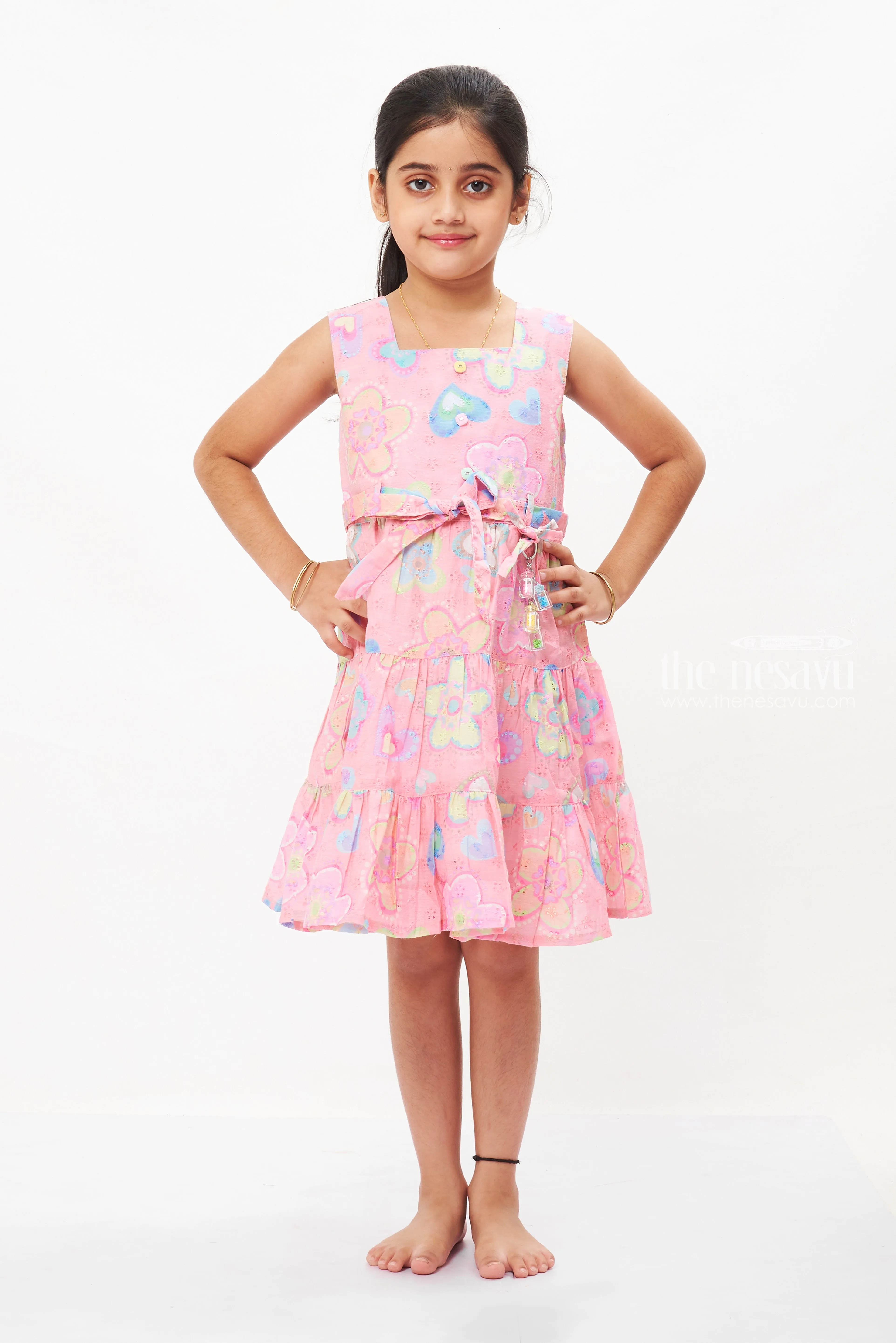 Enchanted Salmon Pink Cotton Frock with Playful Butterflies for Girls