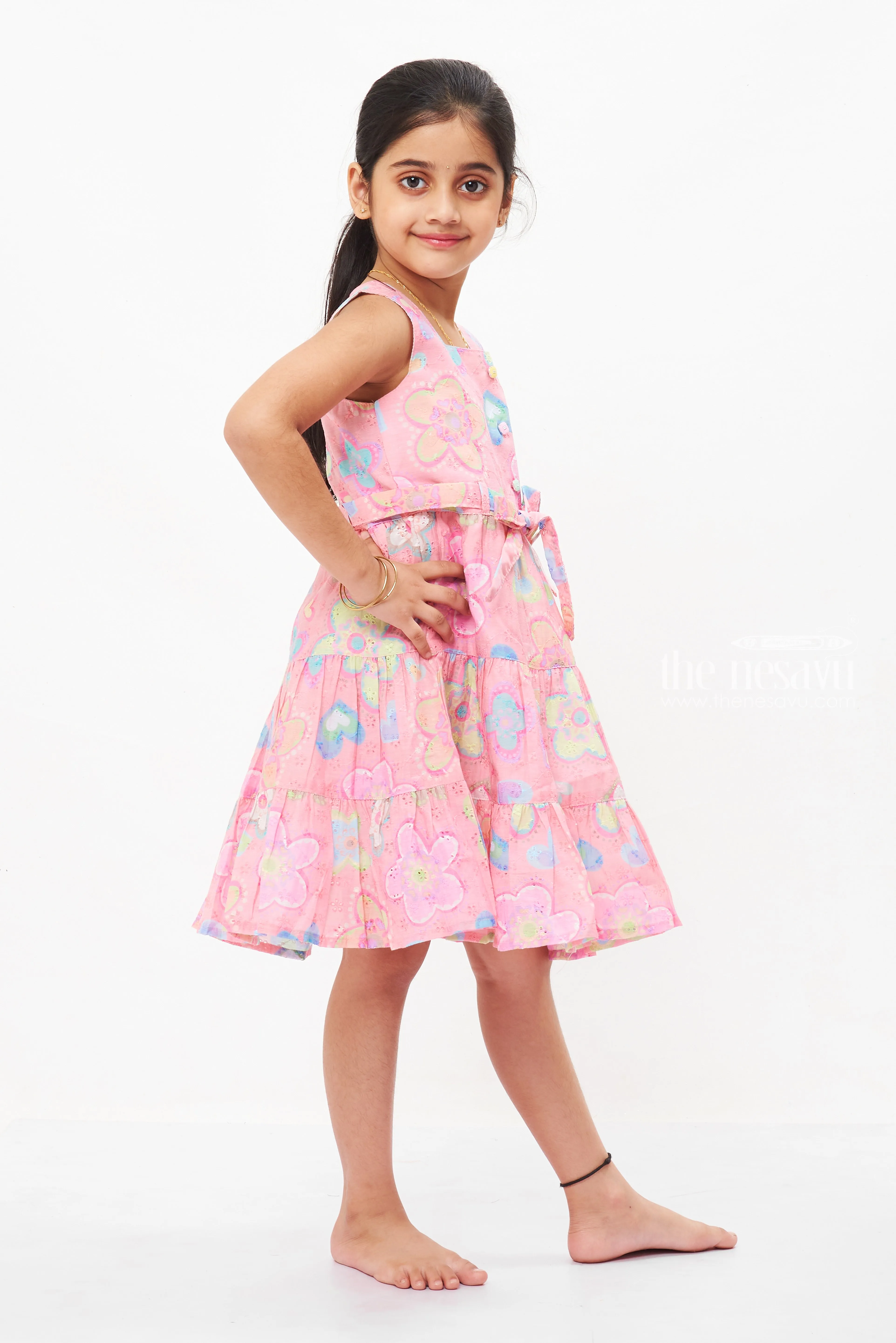 Enchanted Salmon Pink Cotton Frock with Playful Butterflies for Girls