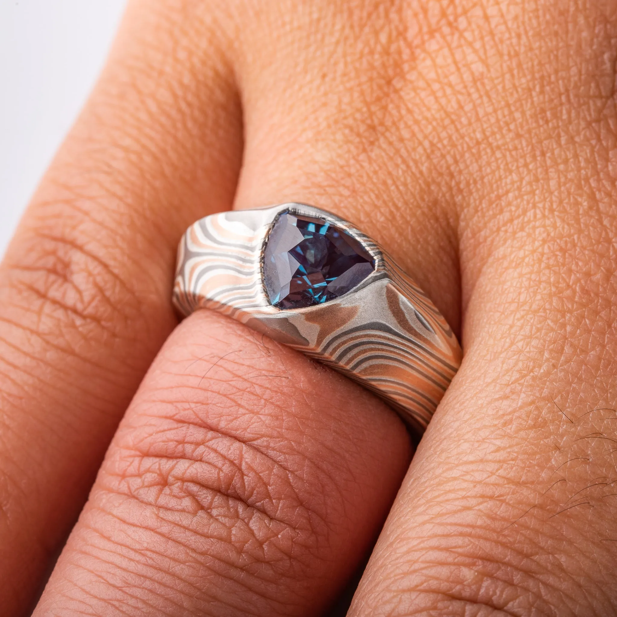 Ethereal Mokume Cathedral Set Alexandrite Ring in Embers Palette