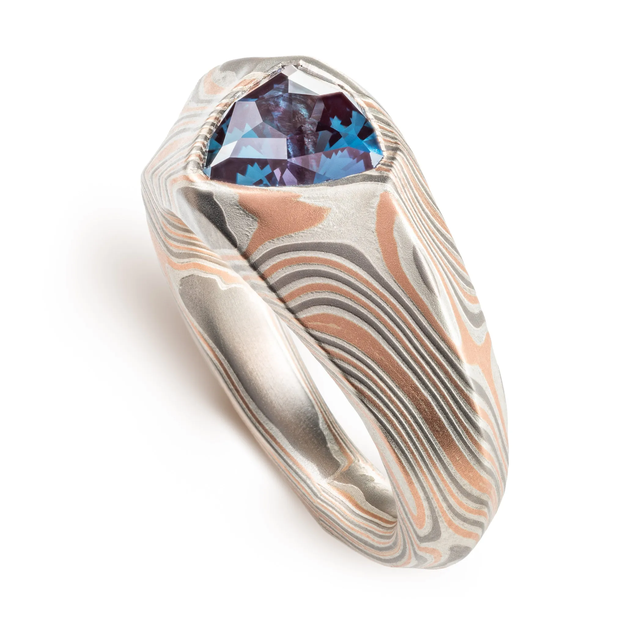 Ethereal Mokume Cathedral Set Alexandrite Ring in Embers Palette