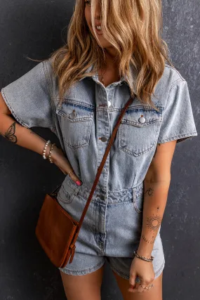 Explore More Collection - Collared Neck Short Sleeve Denim Romper