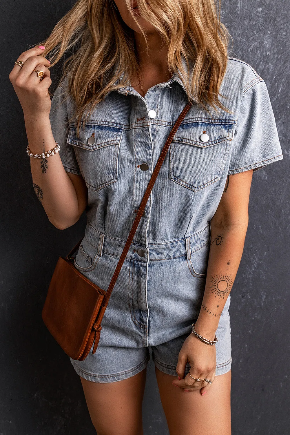 Explore More Collection - Collared Neck Short Sleeve Denim Romper