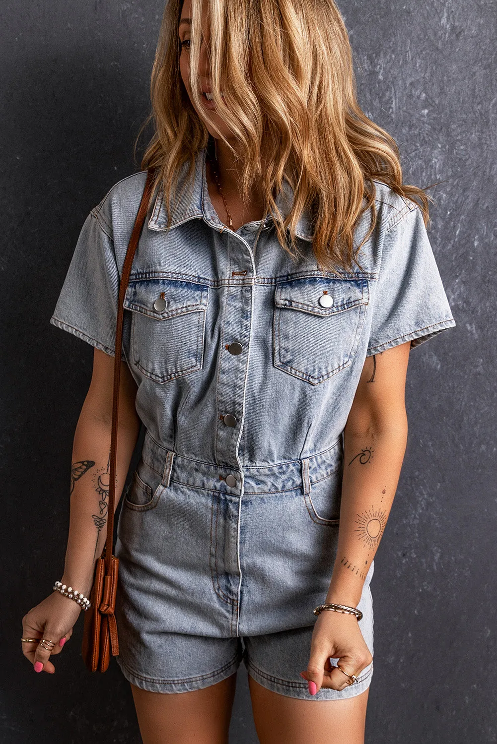 Explore More Collection - Collared Neck Short Sleeve Denim Romper