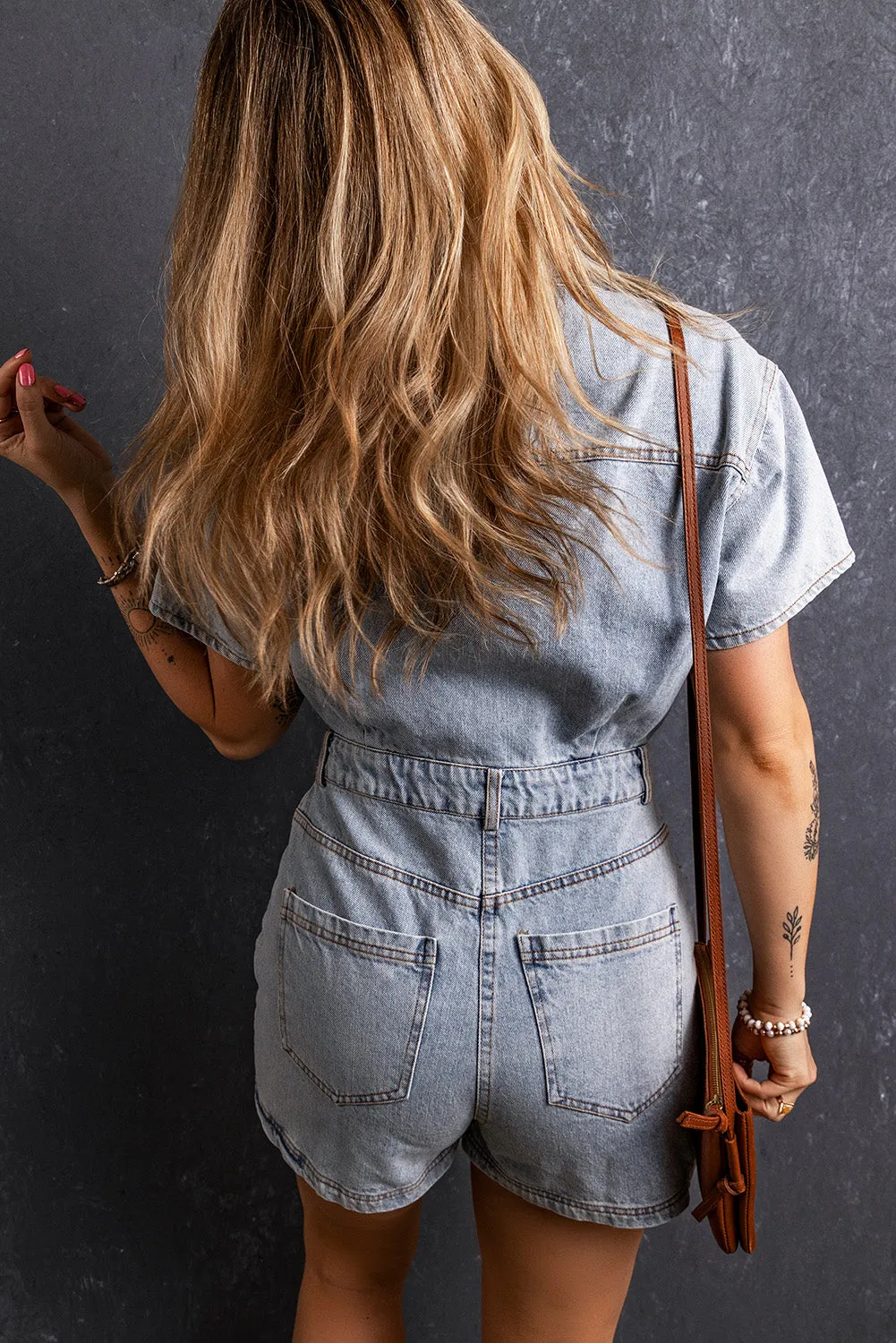 Explore More Collection - Collared Neck Short Sleeve Denim Romper