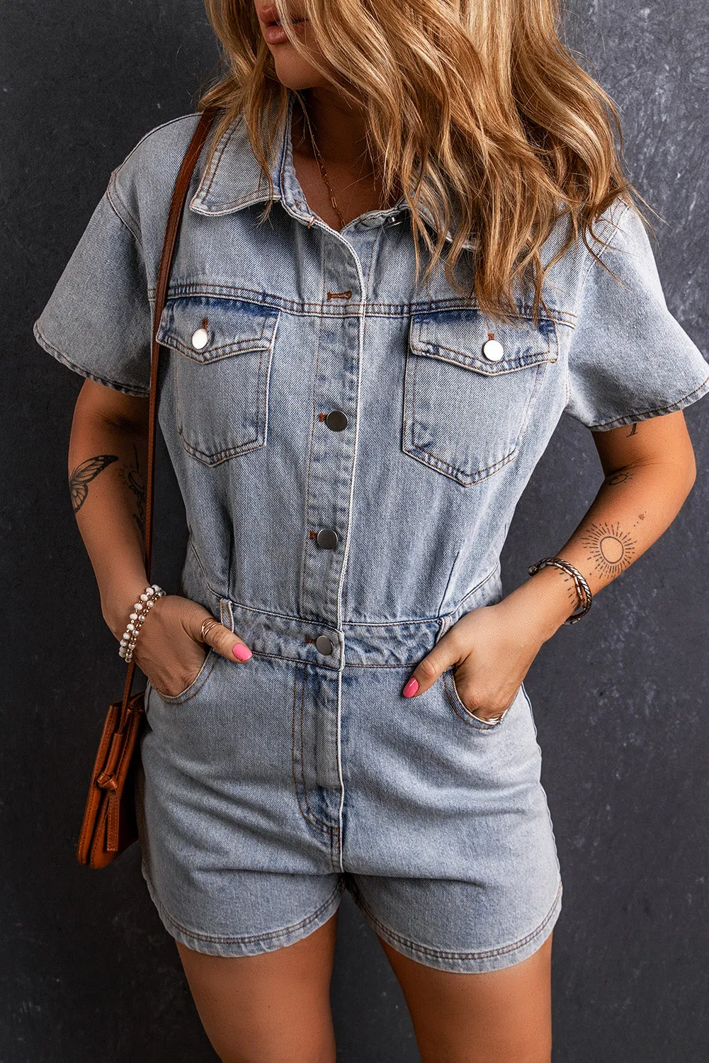 Explore More Collection - Collared Neck Short Sleeve Denim Romper