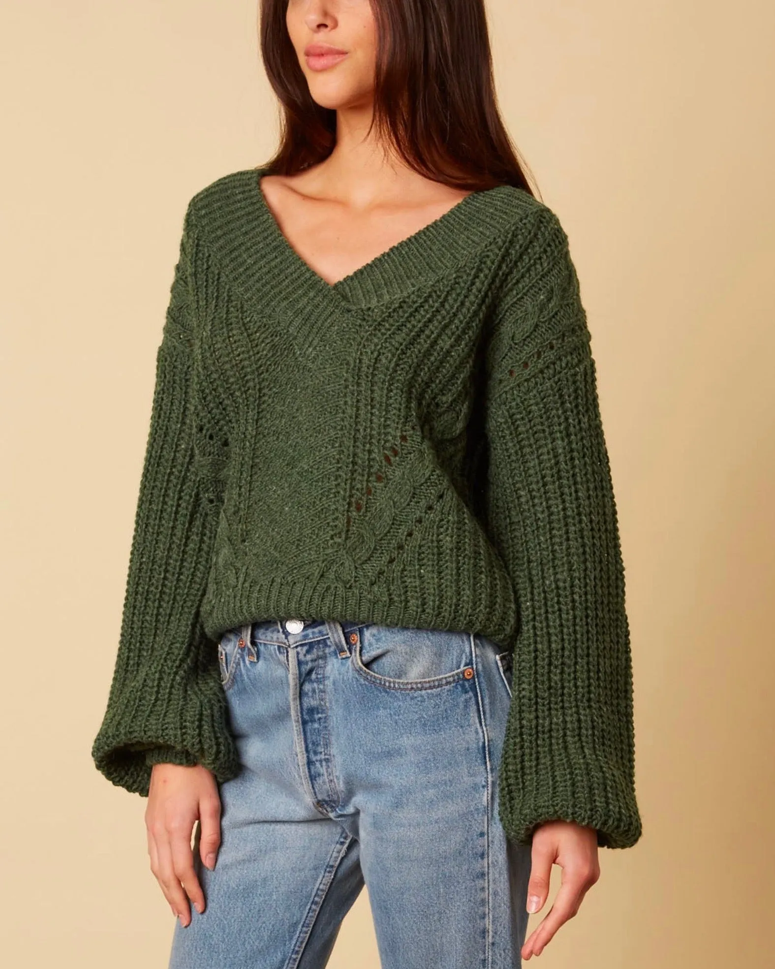 Final Sale - Better Now - Ribbed Trim Bishop Sleeve Sweater - Forest Green