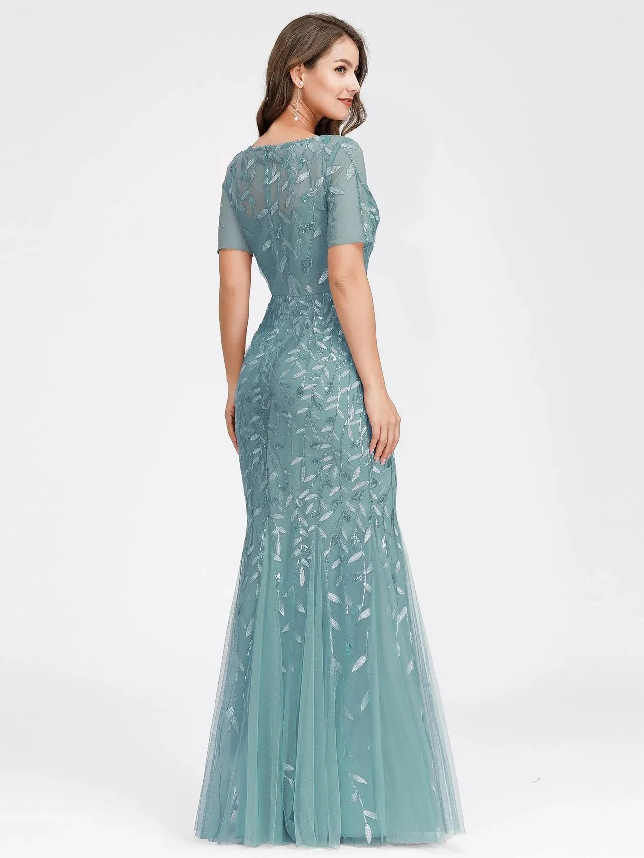 Floral Sequin Print Maxi Long Fishtail Tulle Formal Dresses with Half Sleeve