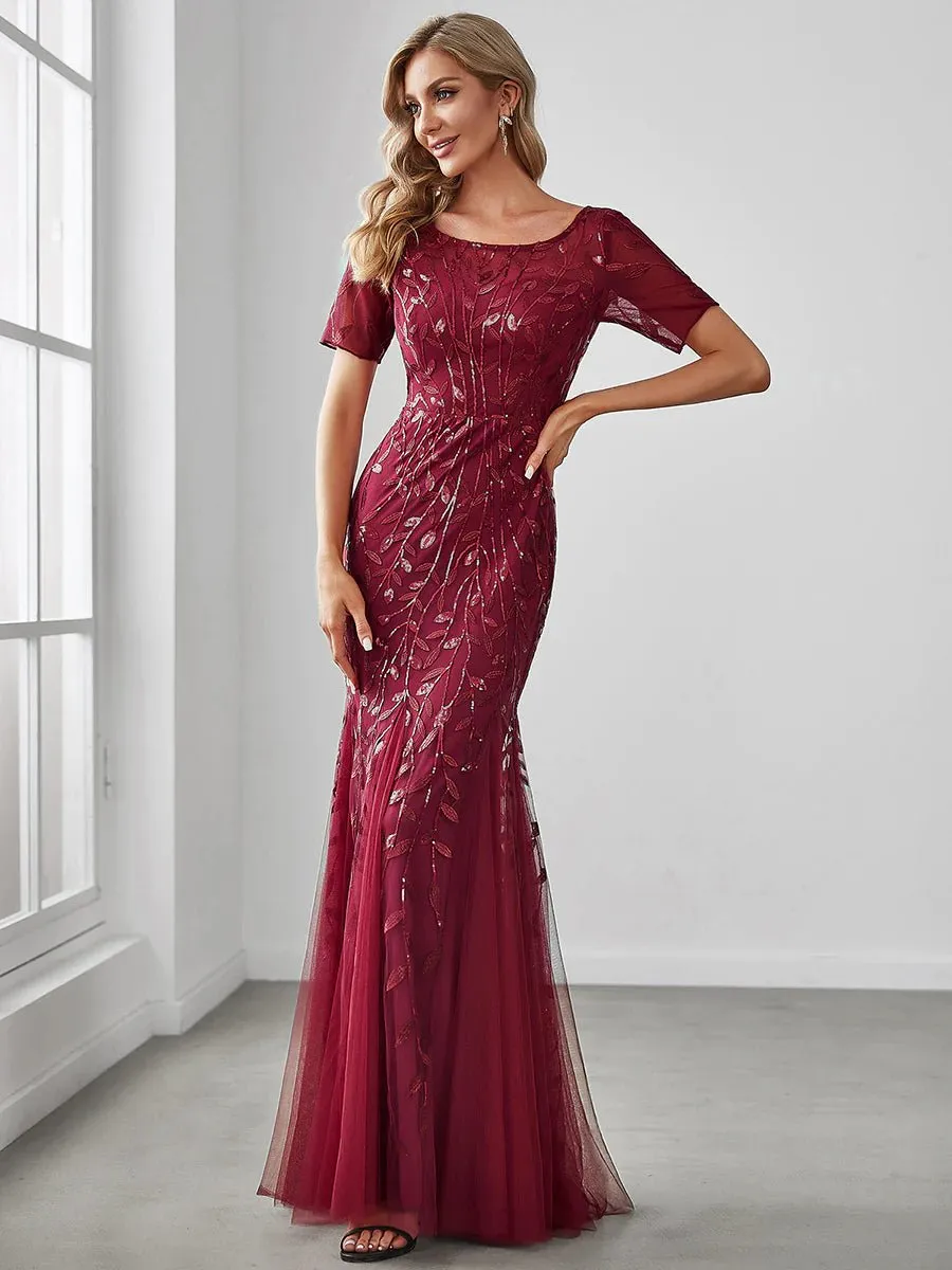 Floral Sequin Print Maxi Long Fishtail Tulle Formal Dresses with Half Sleeve