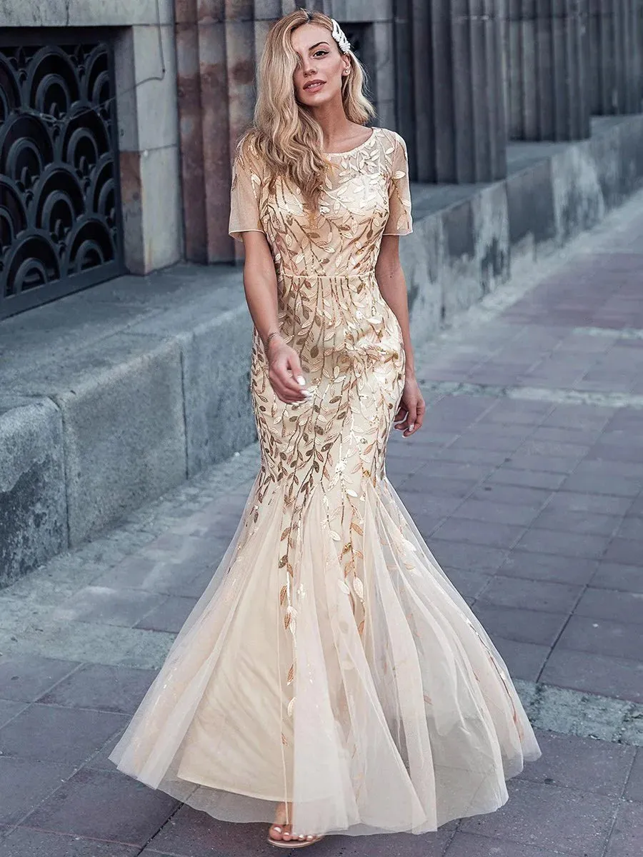 Floral Sequin Print Maxi Long Fishtail Tulle Formal Dresses with Half Sleeve