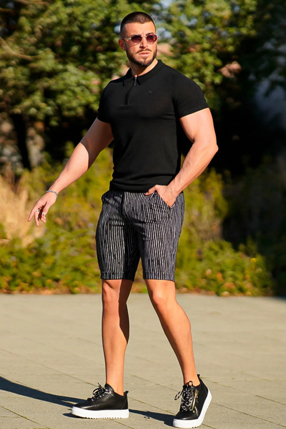 Gingtto Original Casual Black Classic Vertical Stripe Chino Shorts