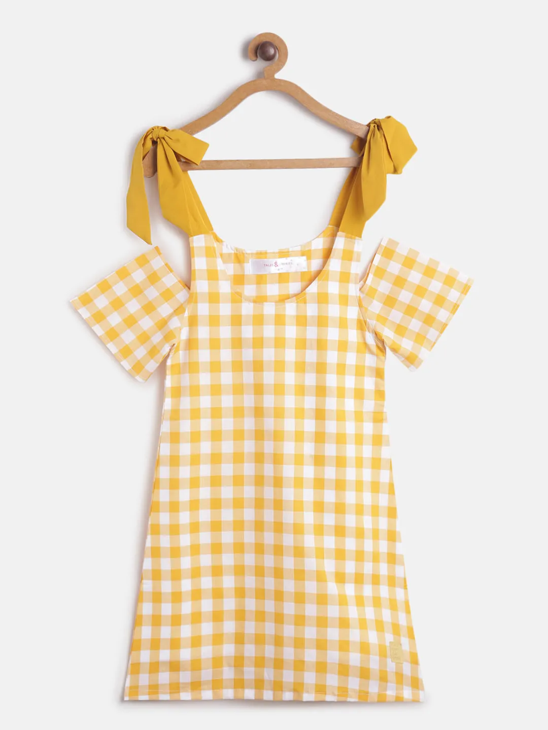 Girls Regular Fit Cold Shoulder Yellow Checks Cotton Dress