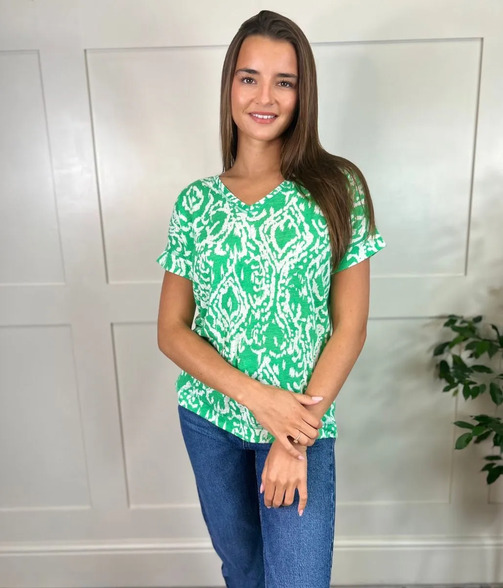 Green Linen Blend Printed Top