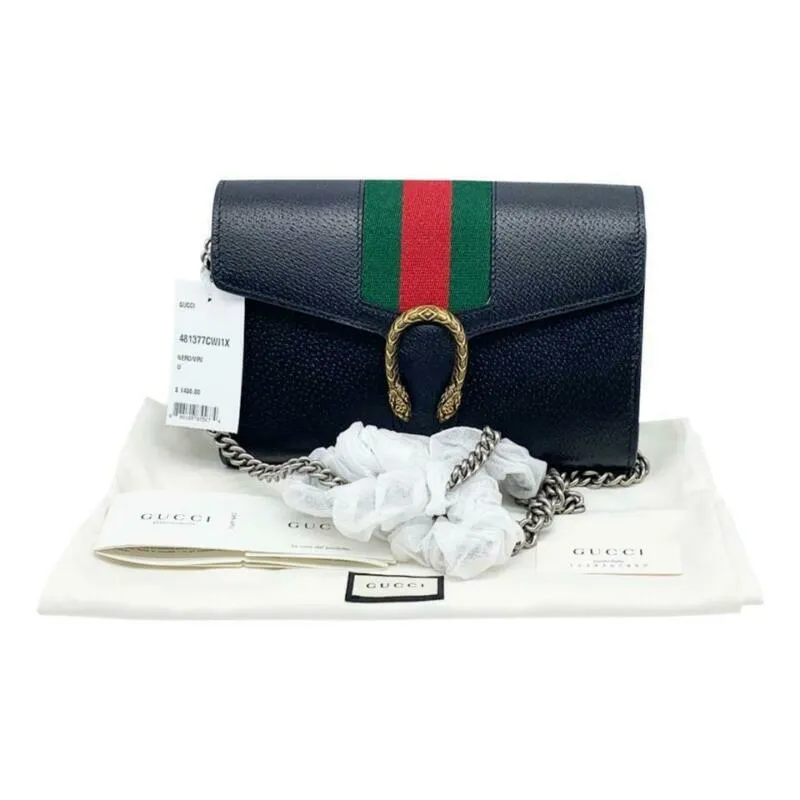 Gucci Dionysus 2019 Web Stripe Wallet On A Chain Black Leather Cross Body Bag