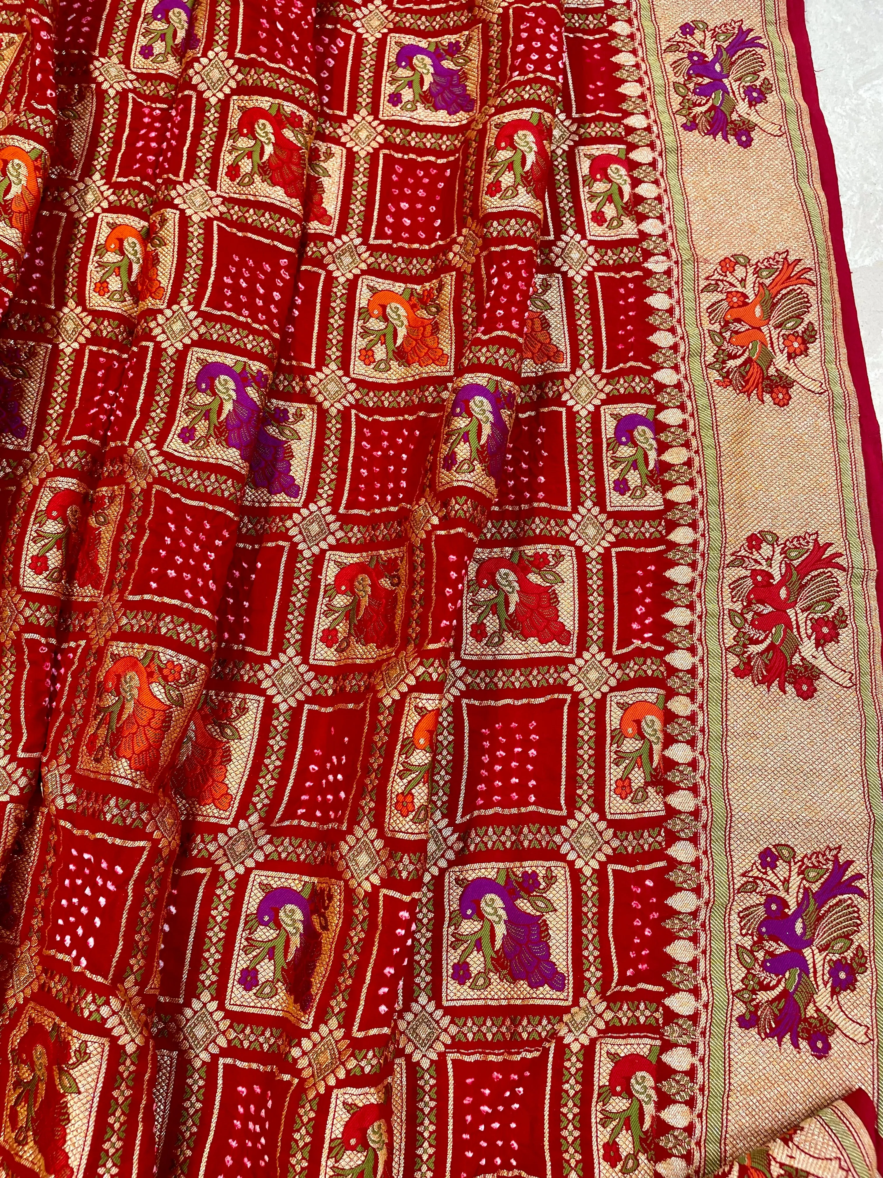 Handwoven Pure Bandhani Banarasi Red Saree Blouse