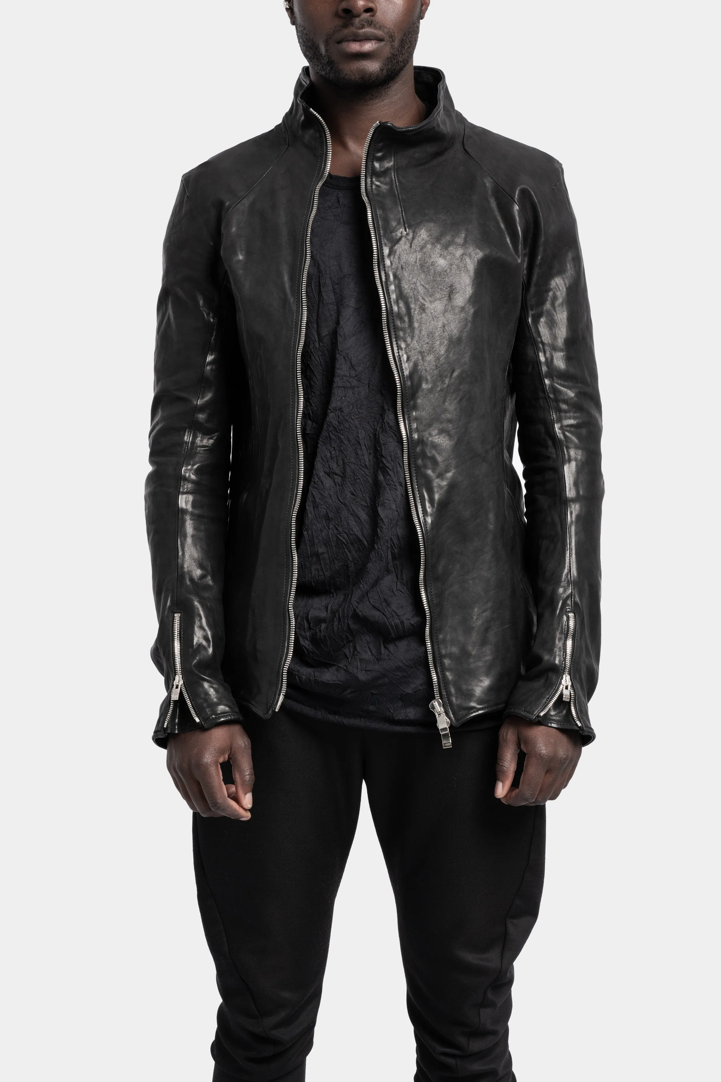 High neck asymmetrical zip calf leather jacket