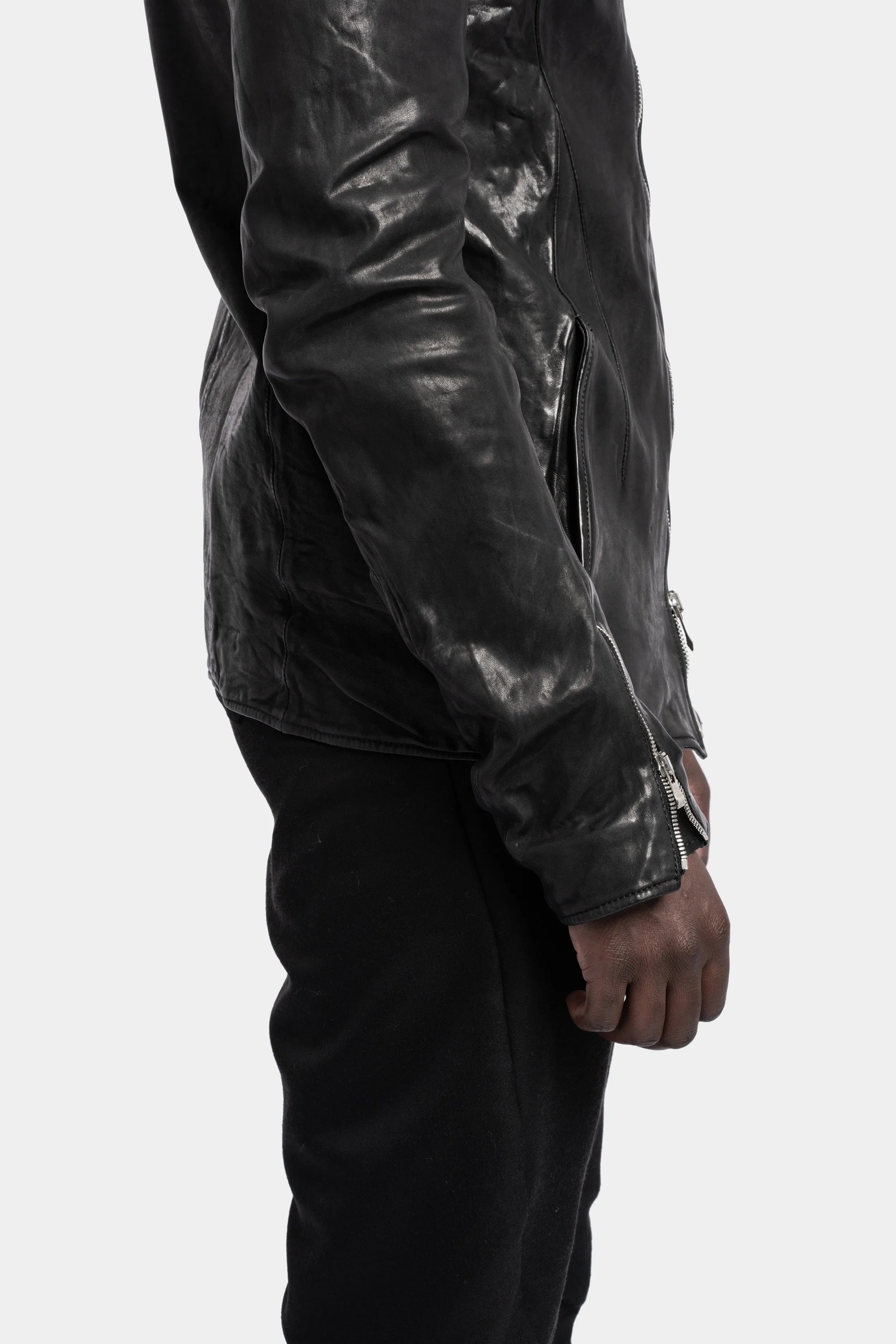 High neck asymmetrical zip calf leather jacket