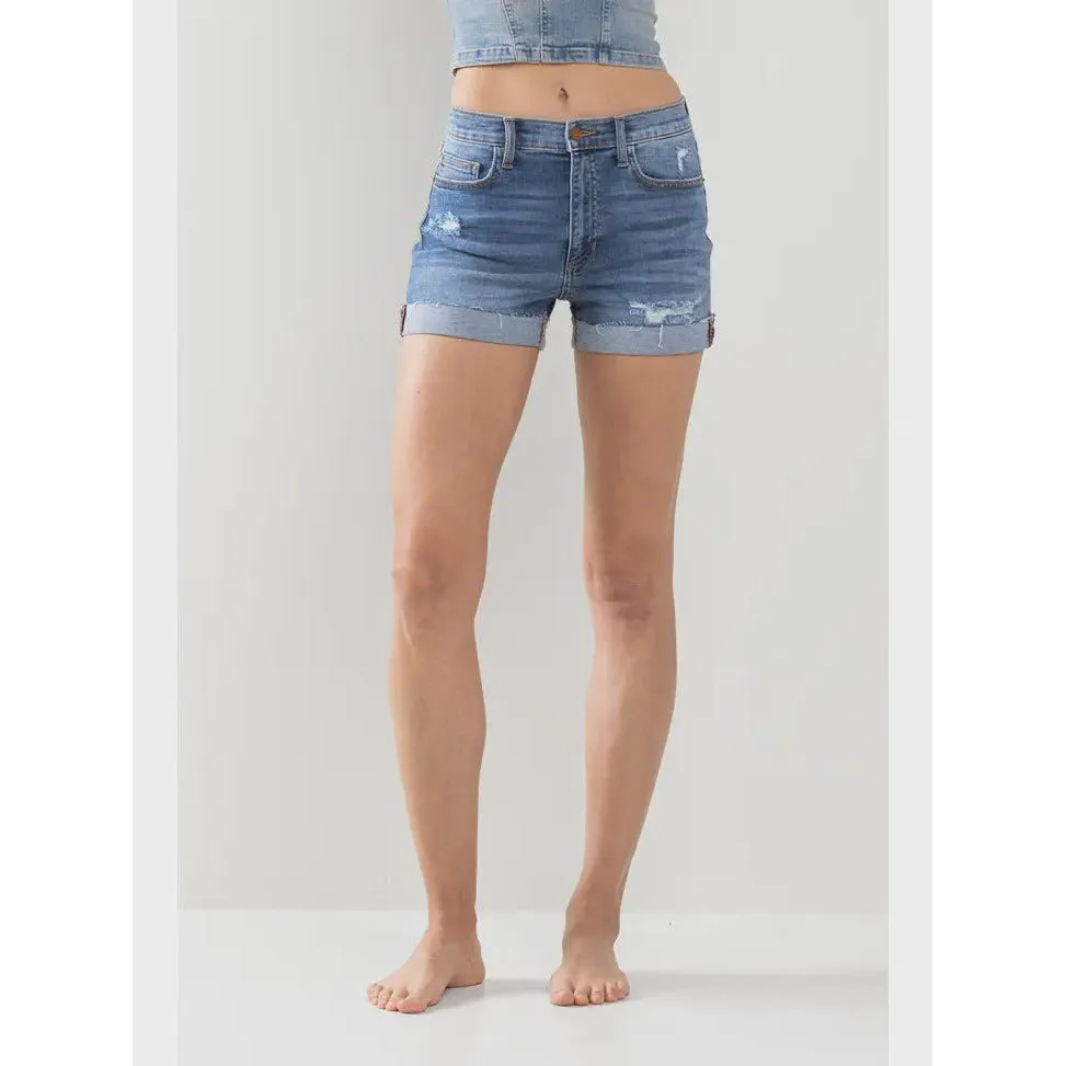 High Rise Denim Shorts with Raw Cuff Hem