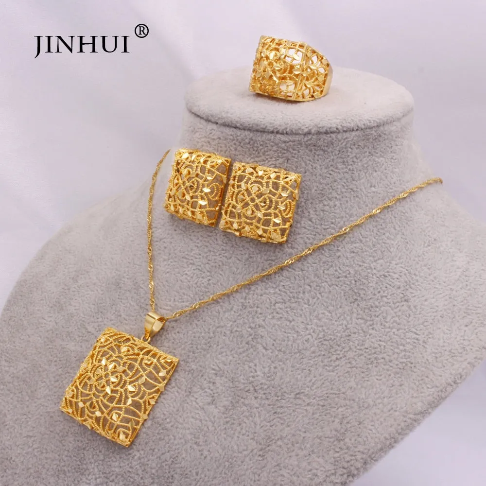 Jewelry sets Ethiopia 24K gold Dubai for women African Party wedding gifts Necklace and Earrings ring set 45cm Square Pendant