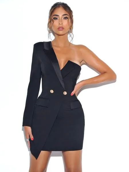 Keep One Up One Sleeved Black Crepe Tuxedo Blazer Dress