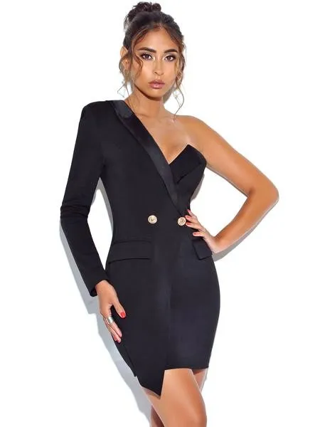 Keep One Up One Sleeved Black Crepe Tuxedo Blazer Dress