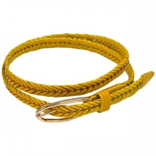 KELLY - Womens Skinny Yellow Plaited Leather Belt with Gold Oval Buckle