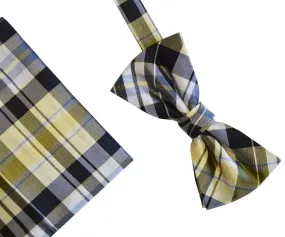 L A Smith Blue And Yellow Check Silk Bow Tie And Hank Set