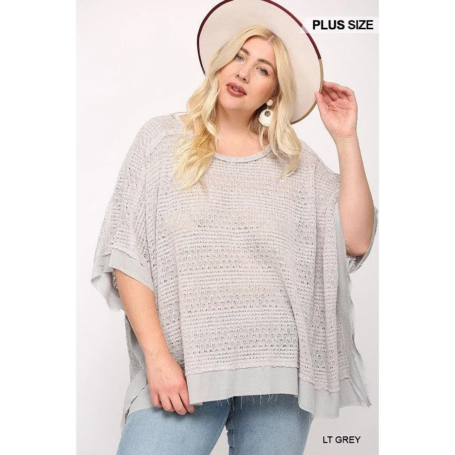 Light Knit And Woven Mixed Boxy Top With Poncho Sleeve