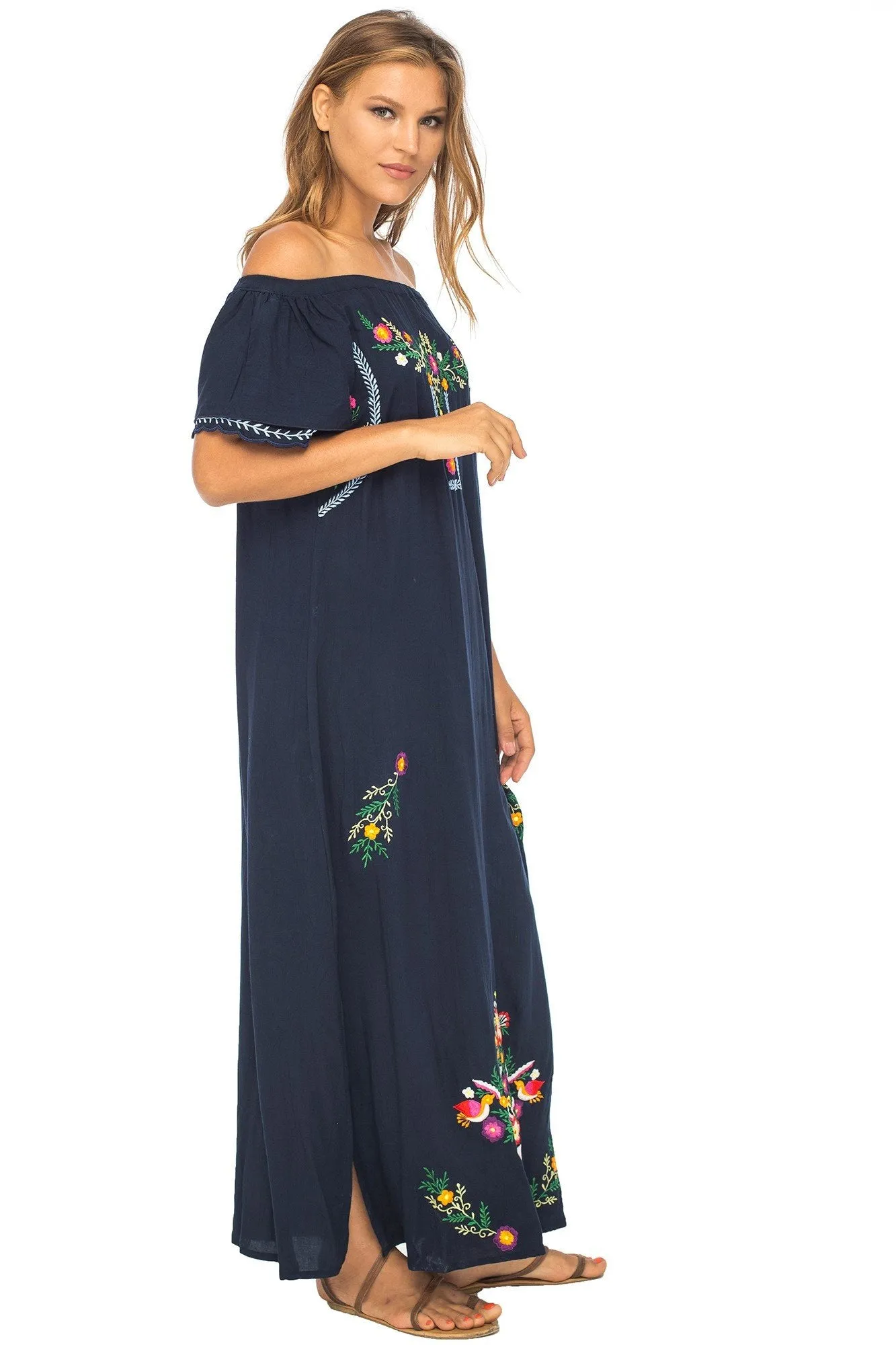 Long Embroidered Off Shoulder Peasant Dress