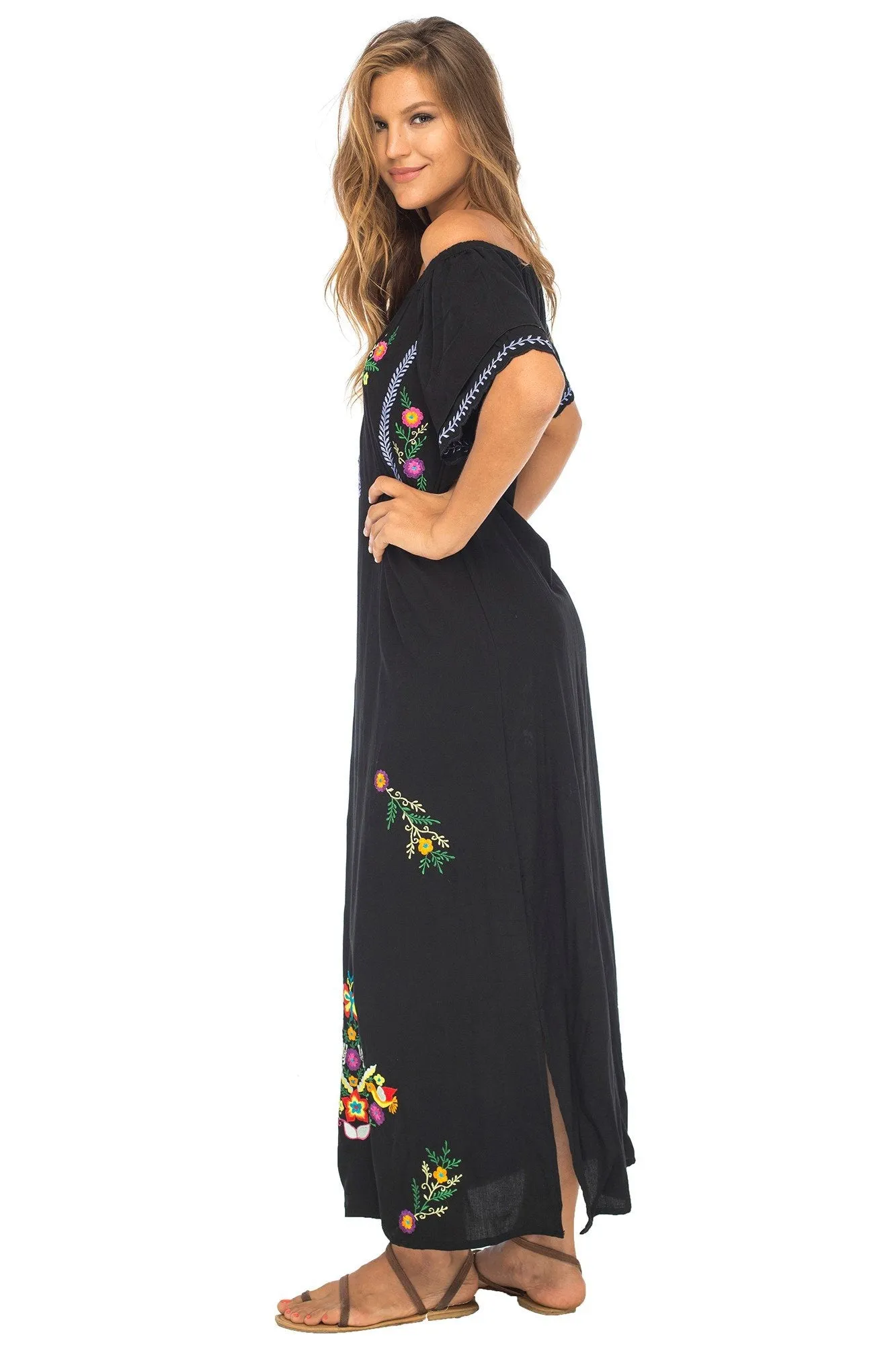 Long Embroidered Off Shoulder Peasant Dress