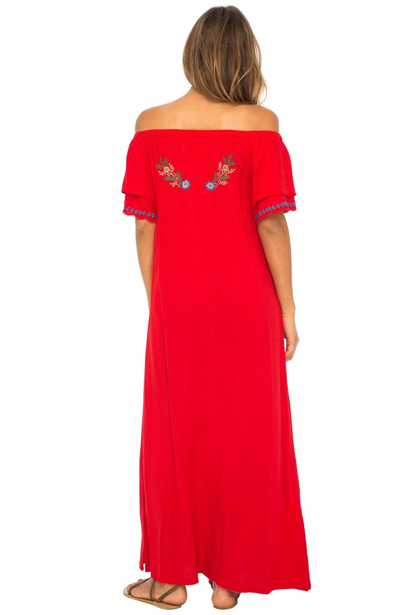 Long Embroidered Off Shoulder Peasant Dress