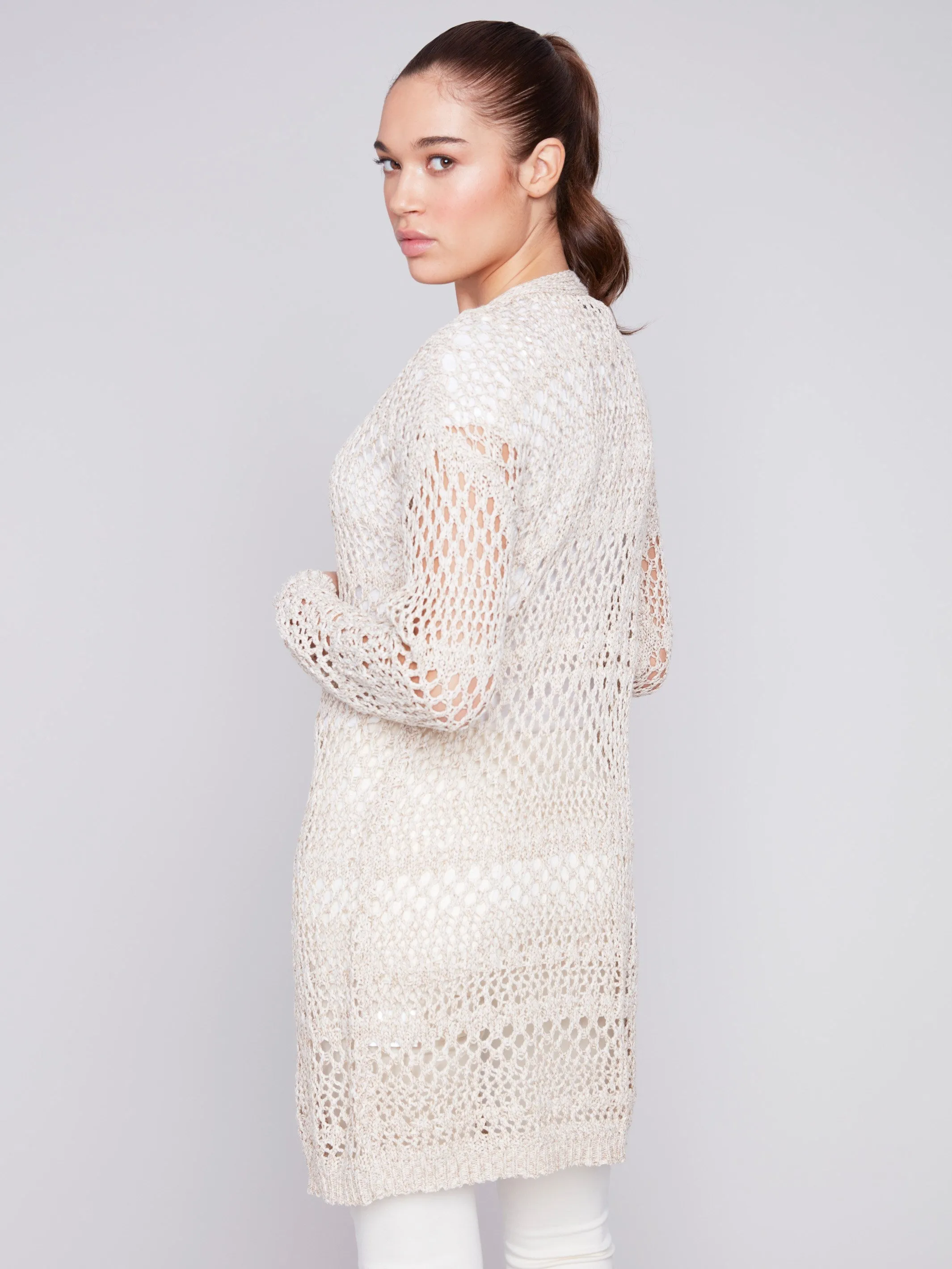 Long Knit Crochet Cardigan - Beige