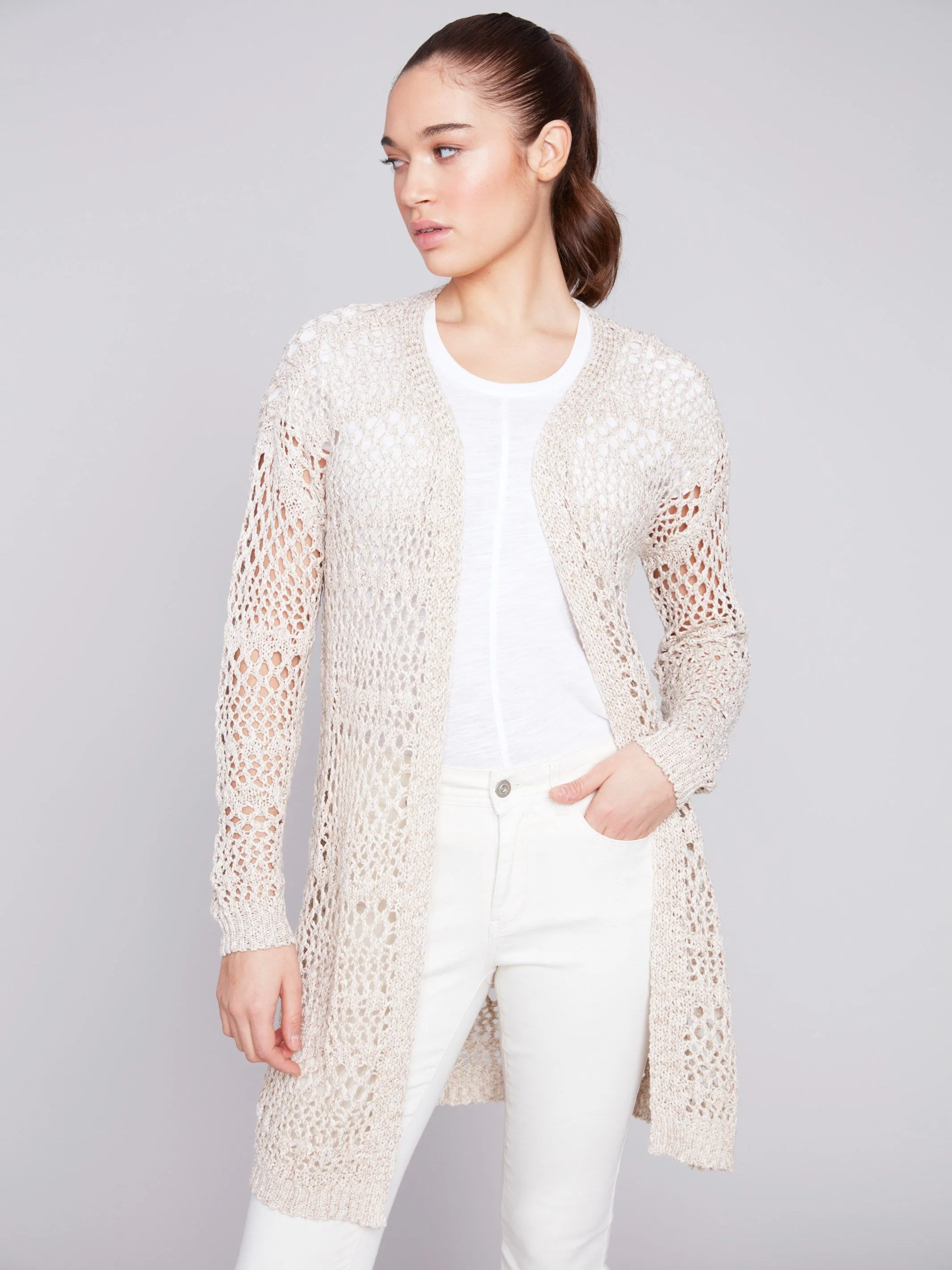 Long Knit Crochet Cardigan - Beige