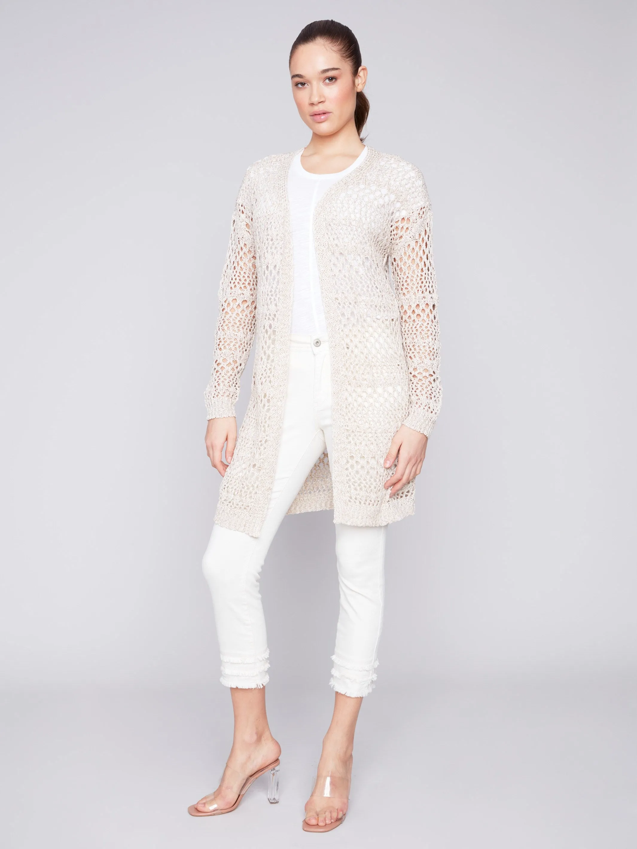 Long Knit Crochet Cardigan - Beige