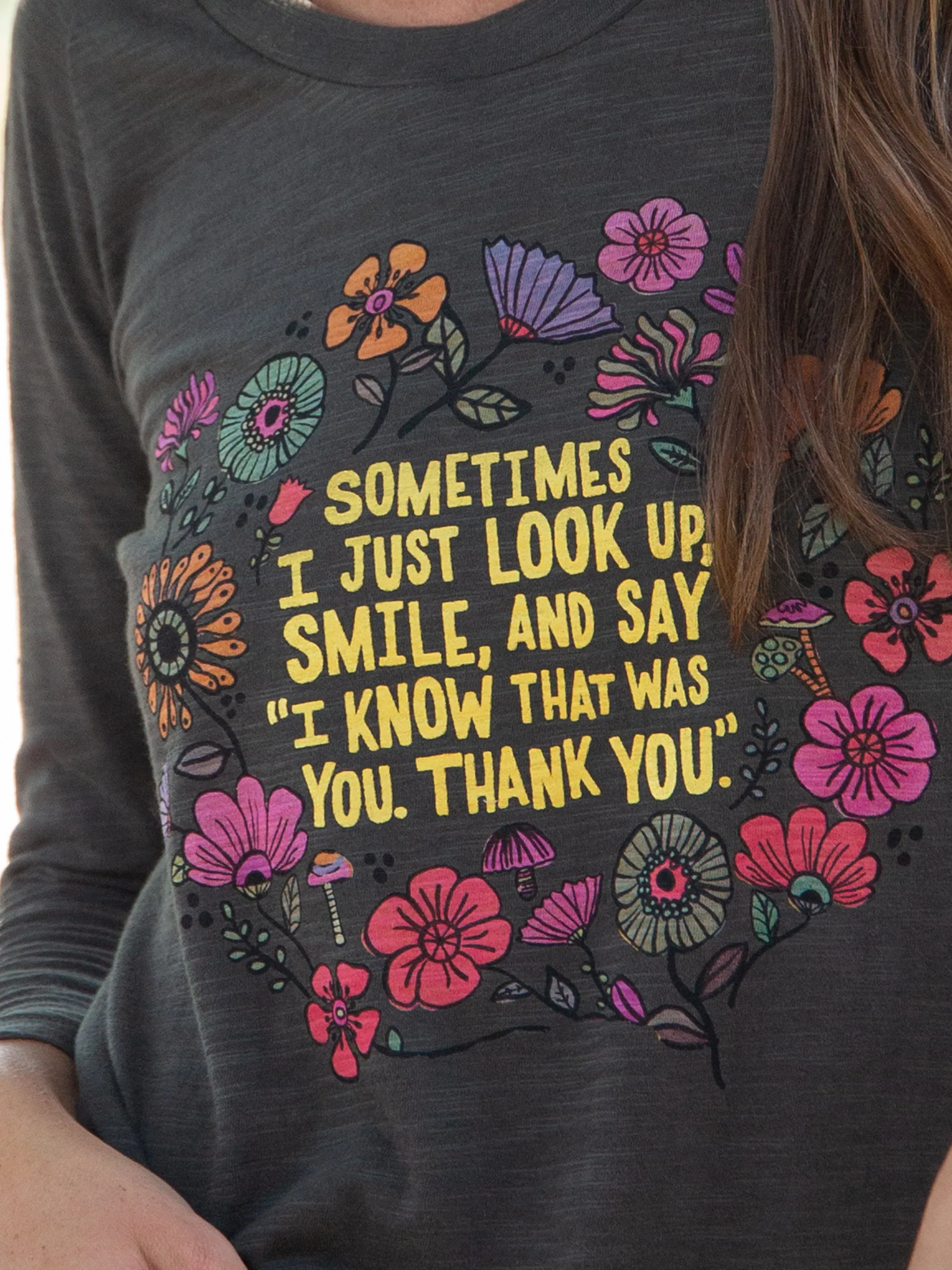 Long Sleeve Boho Cotton Tee Shirt - Look Up and Smile