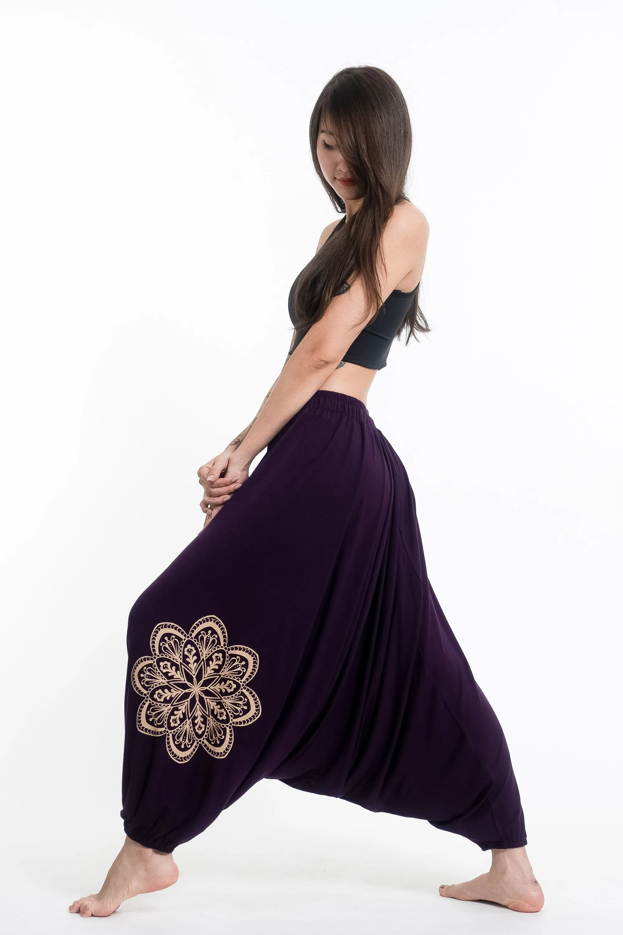 Mandala Print Drawstring Low Cut Harem Pants Cotton Spandex in Purple