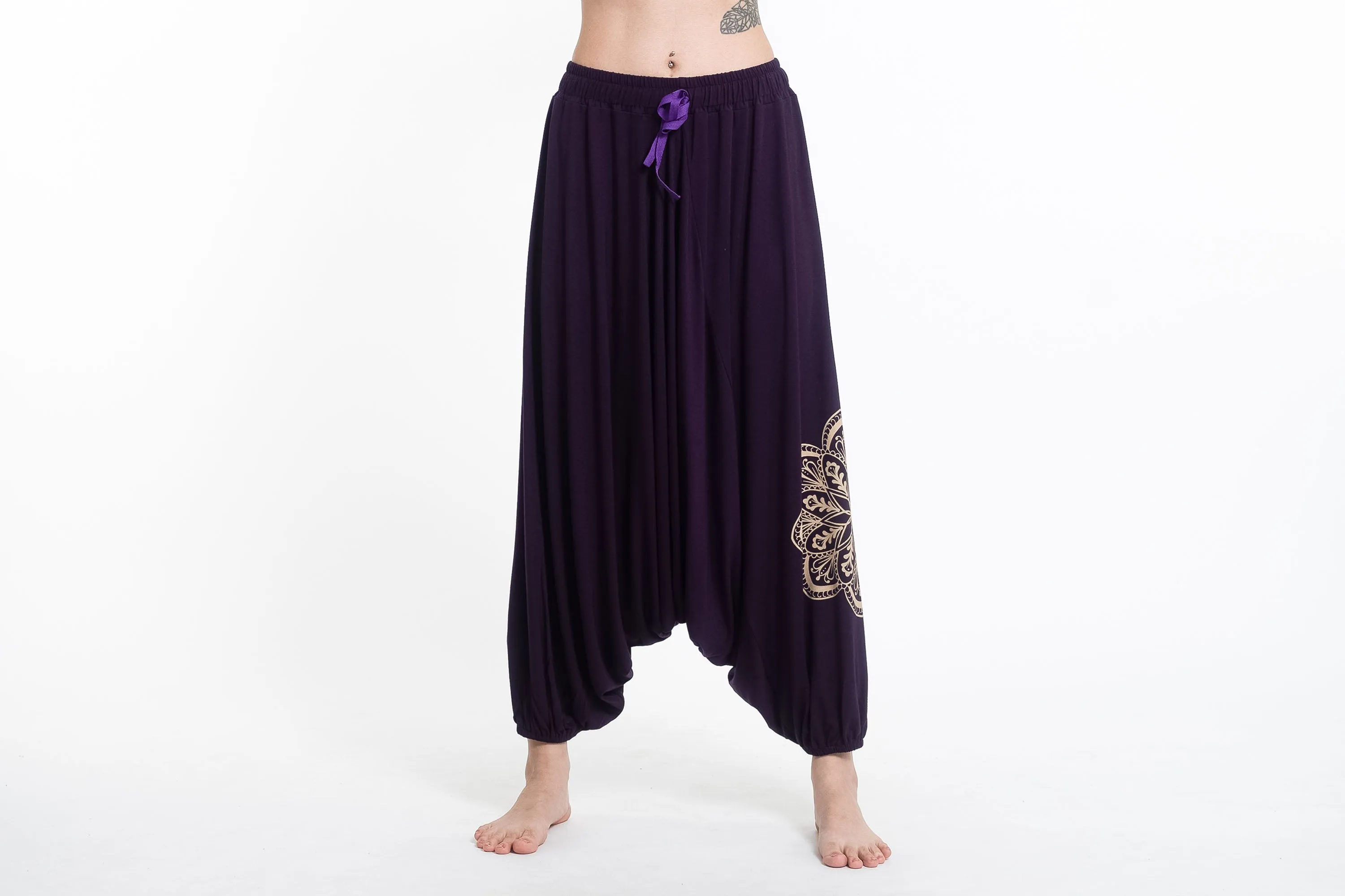 Mandala Print Drawstring Low Cut Harem Pants Cotton Spandex in Purple