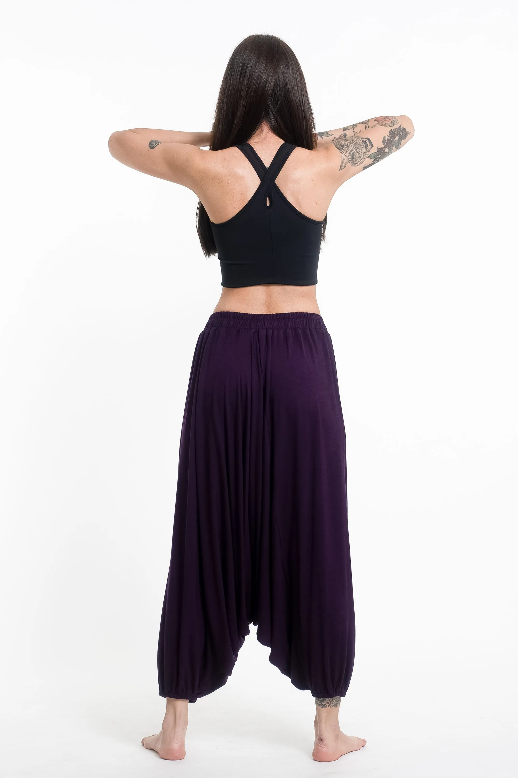 Mandala Print Drawstring Low Cut Harem Pants Cotton Spandex in Purple