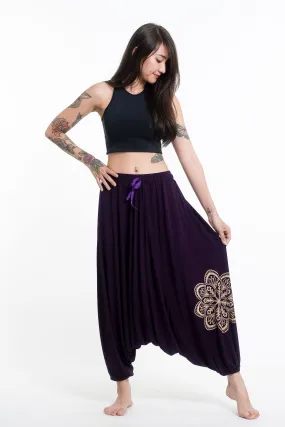 Mandala Print Drawstring Low Cut Harem Pants Cotton Spandex in Purple