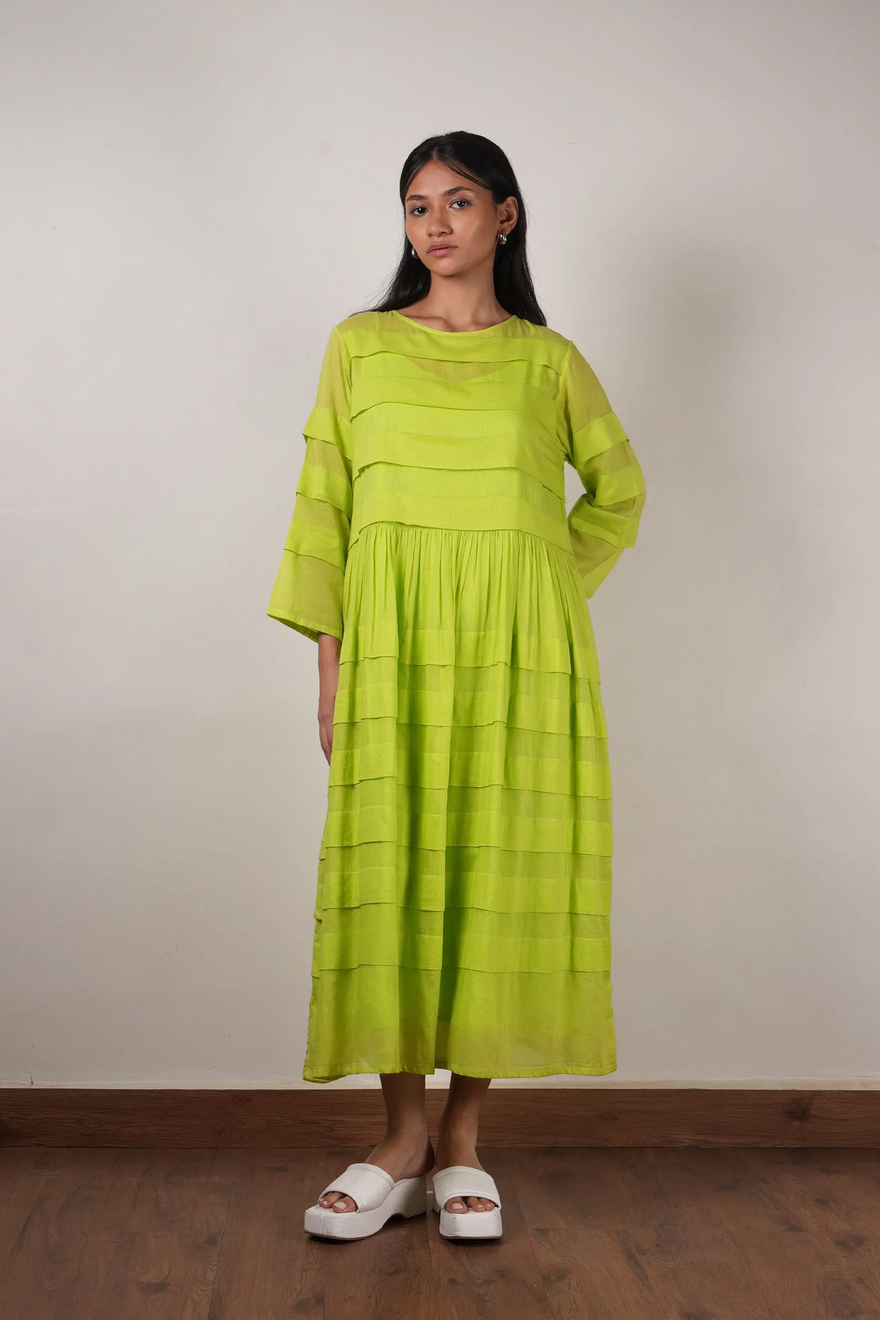 Mati Pleated Dress-Neon Green