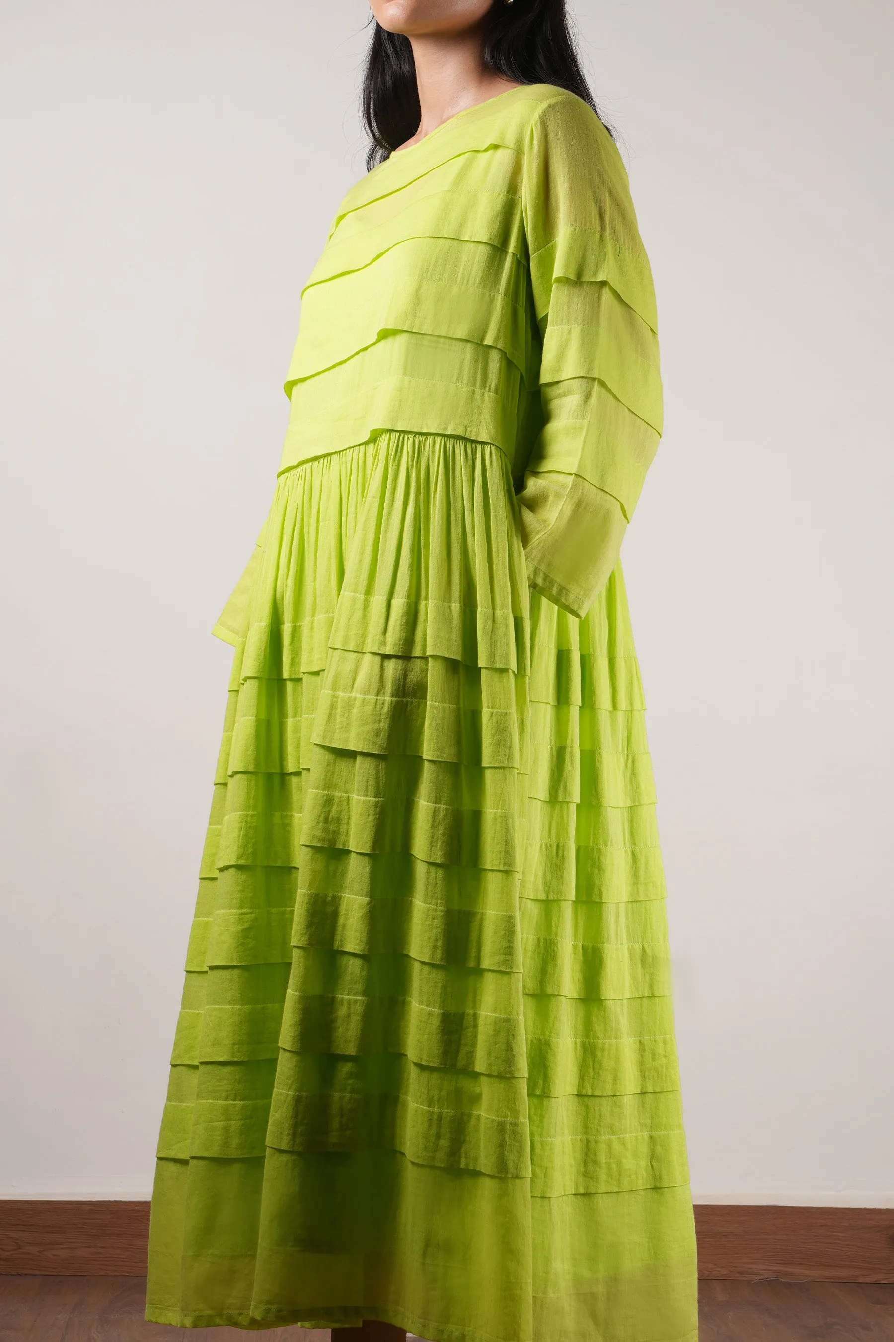 Mati Pleated Dress-Neon Green