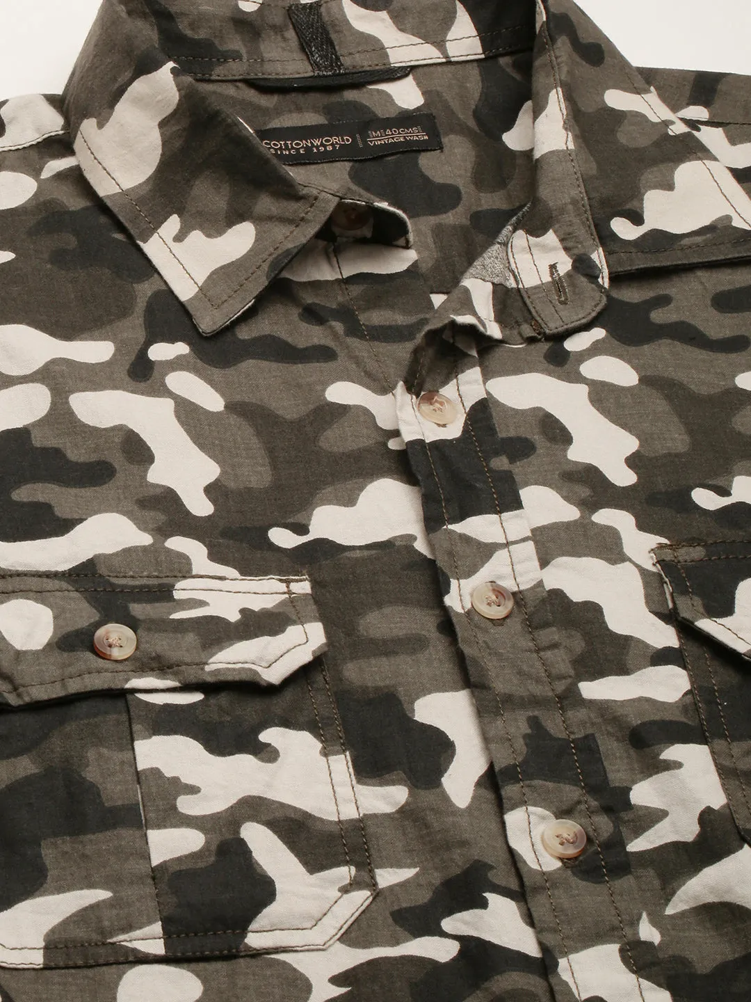 Men's Black Cotton Camo Printed 2 Pocket Regular Fit Shirt