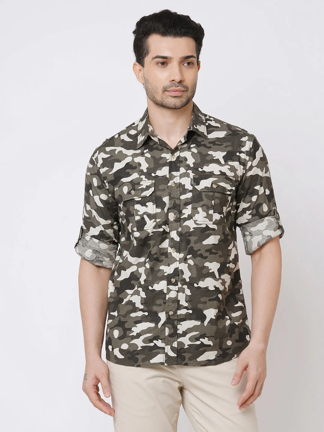 Men's Black Cotton Camo Printed 2 Pocket Regular Fit Shirt