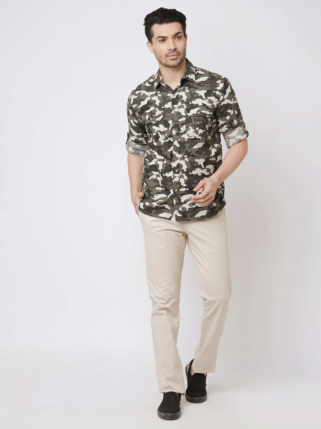 Men's Black Cotton Camo Printed 2 Pocket Regular Fit Shirt