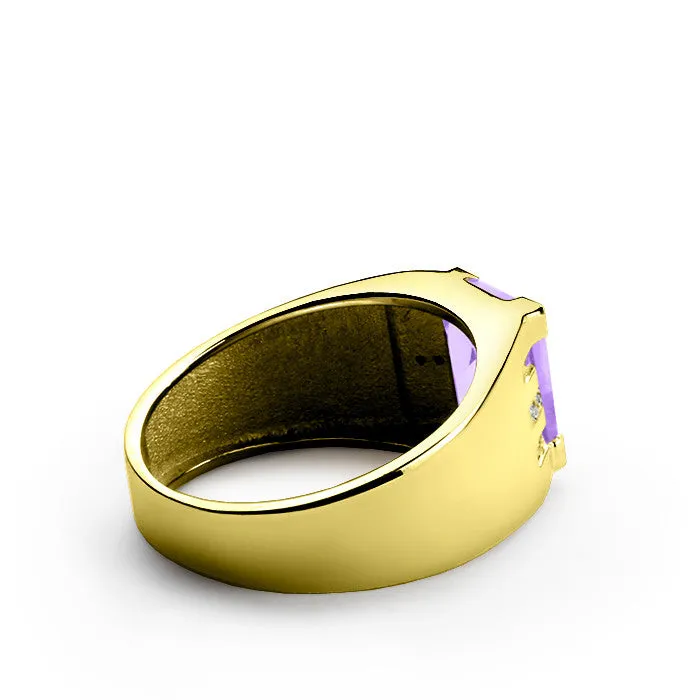 Men's Ring with Amethyst and Natural Diamonds in 10k Yellow Gold