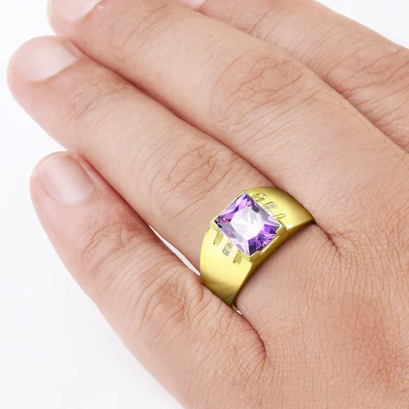 Men's Ring with Amethyst and Natural Diamonds in 10k Yellow Gold