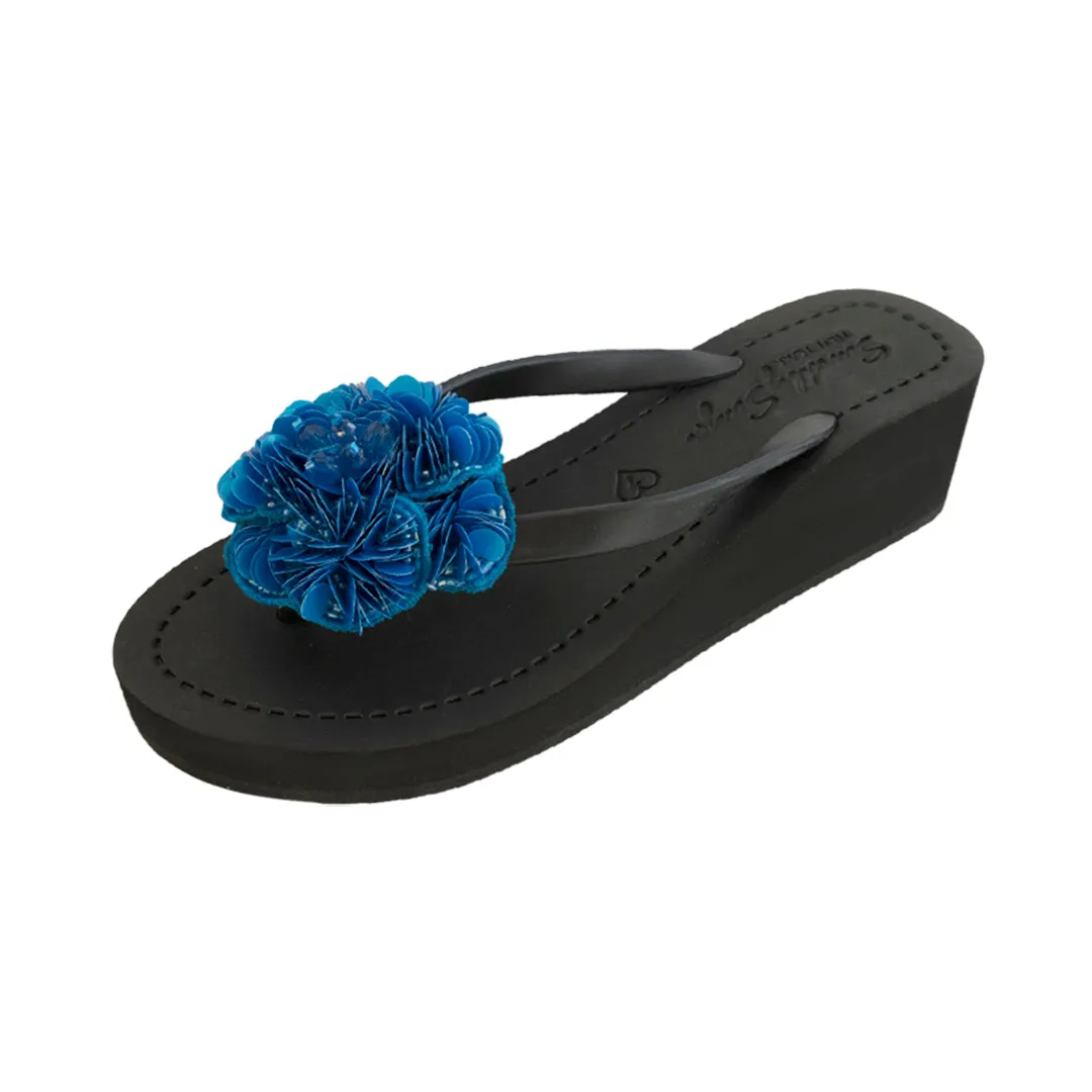 Noho Blue Flower - Sequence Embroidered Mid Wedge Flip Flops